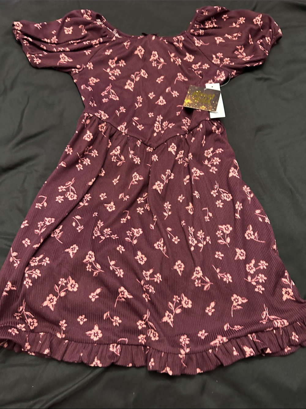 Girls' Plum Floral Puff-Sleeve Dress planet gold